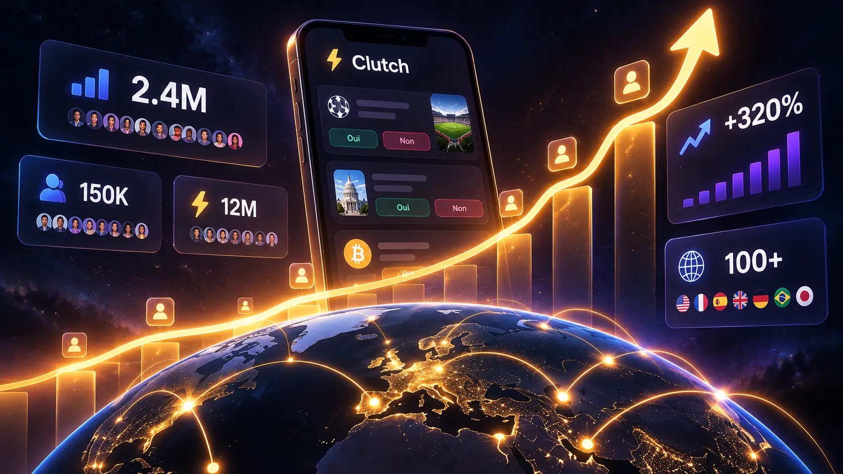 A dashboard of Clutch community stats: predictions, points won, and growth over time