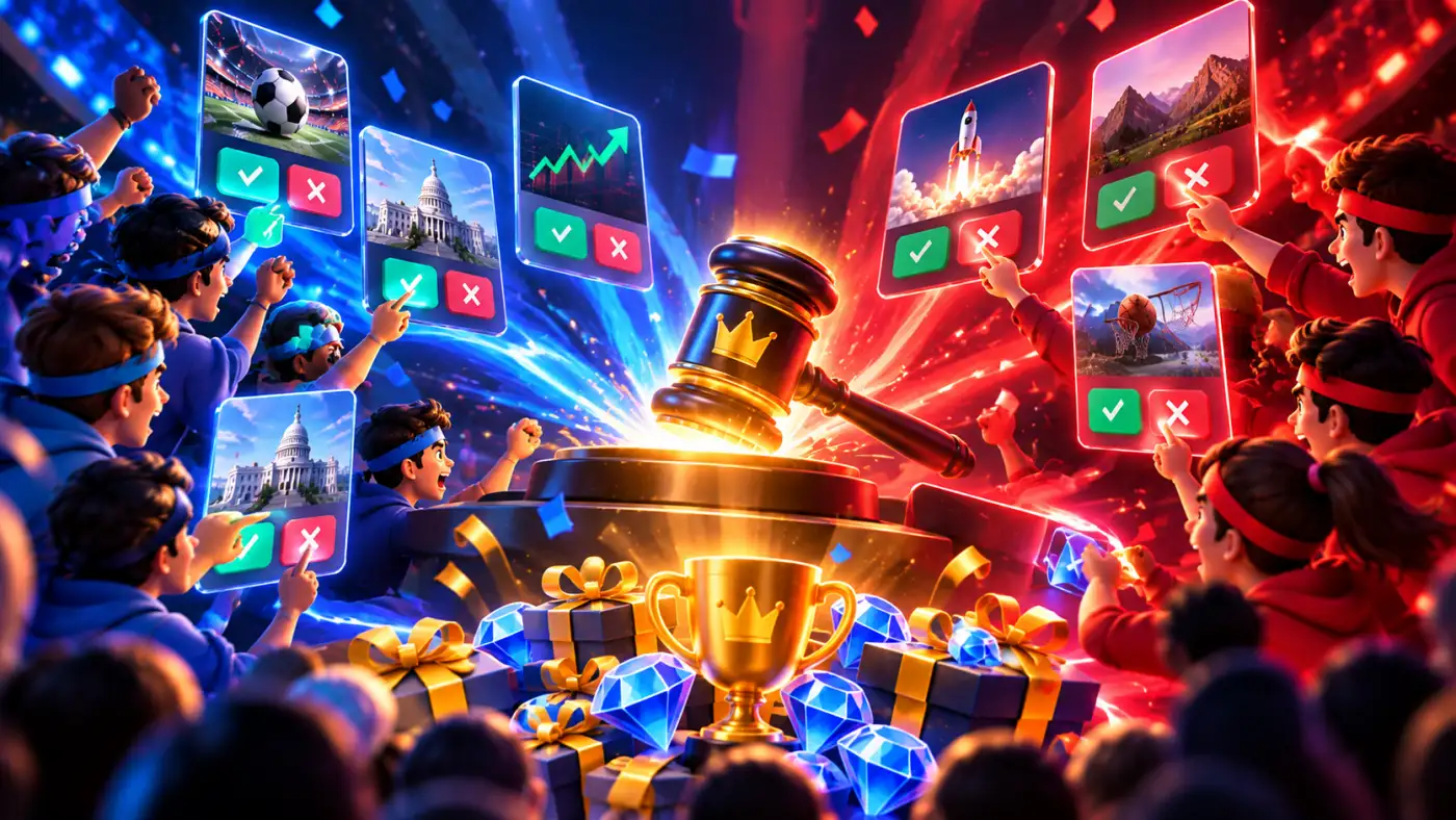 Blue and red crowds of Clutch players facing off over Yes and No verdicts around a glowing golden gavel
