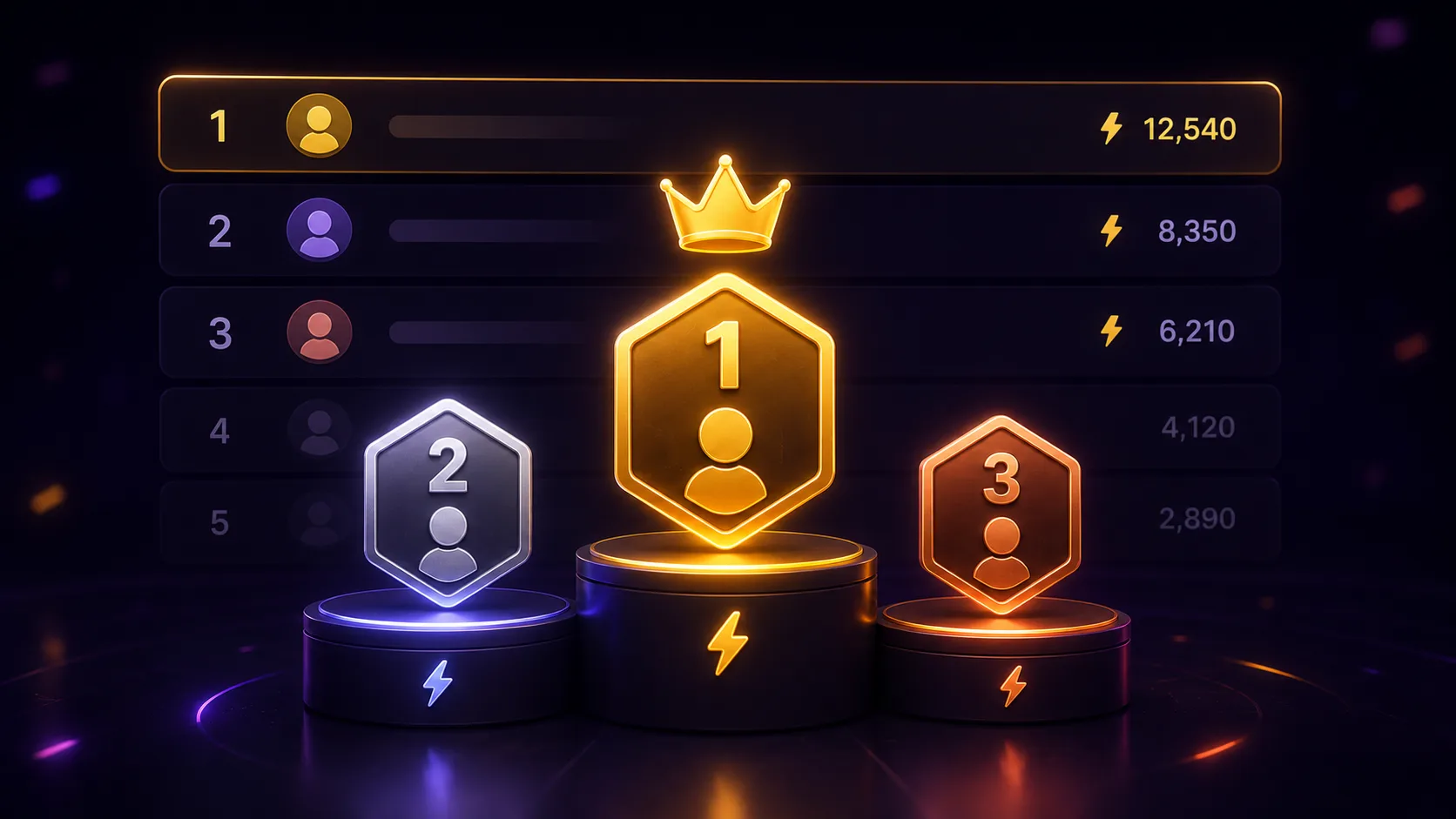 A Clutch leaderboard podium with gold, silver, and bronze ranks and Points totals beside each player