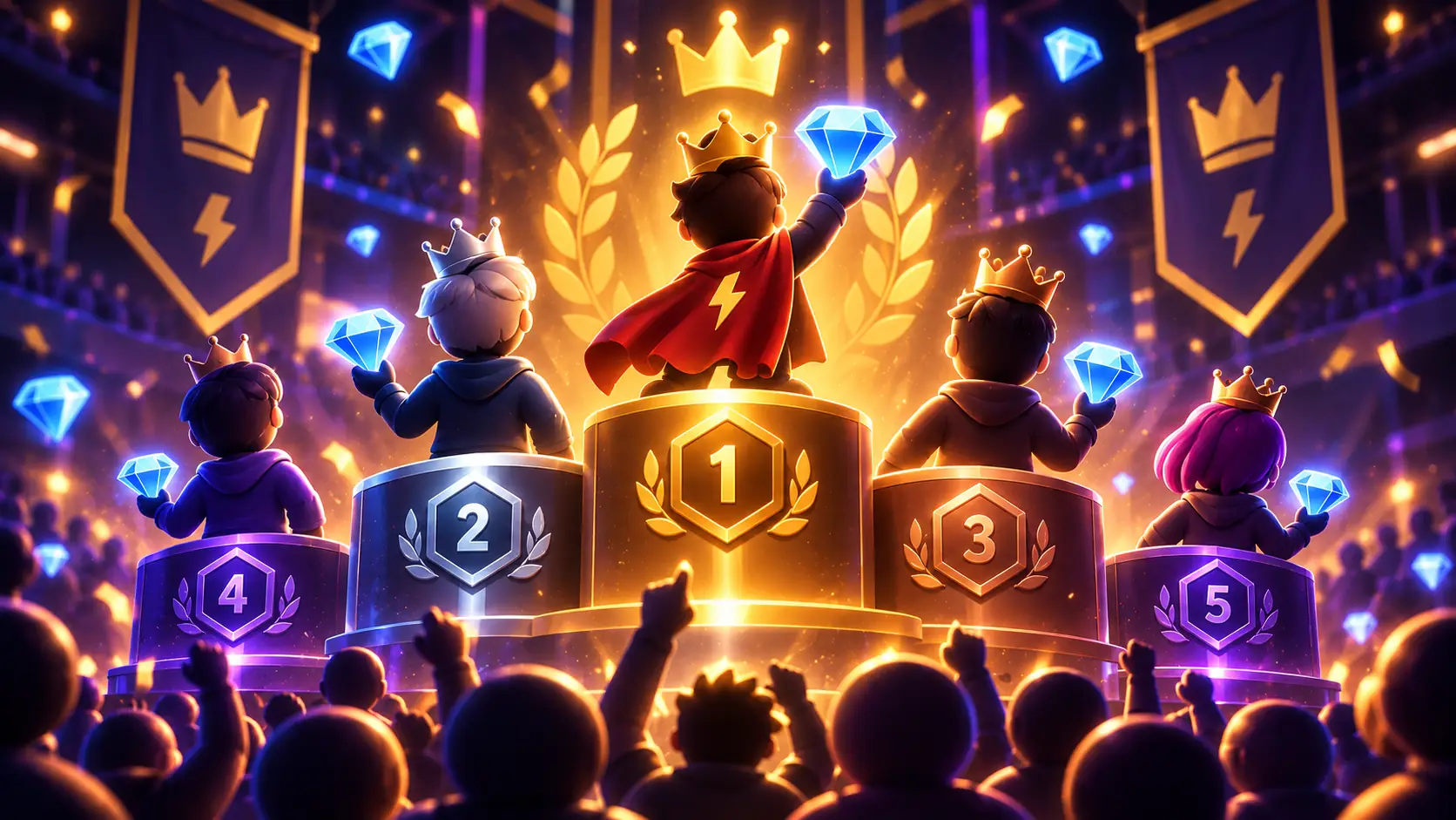 Five crowned players on a numbered 1 to 5 podium holding up glowing Credit diamonds in front of a cheering crowd