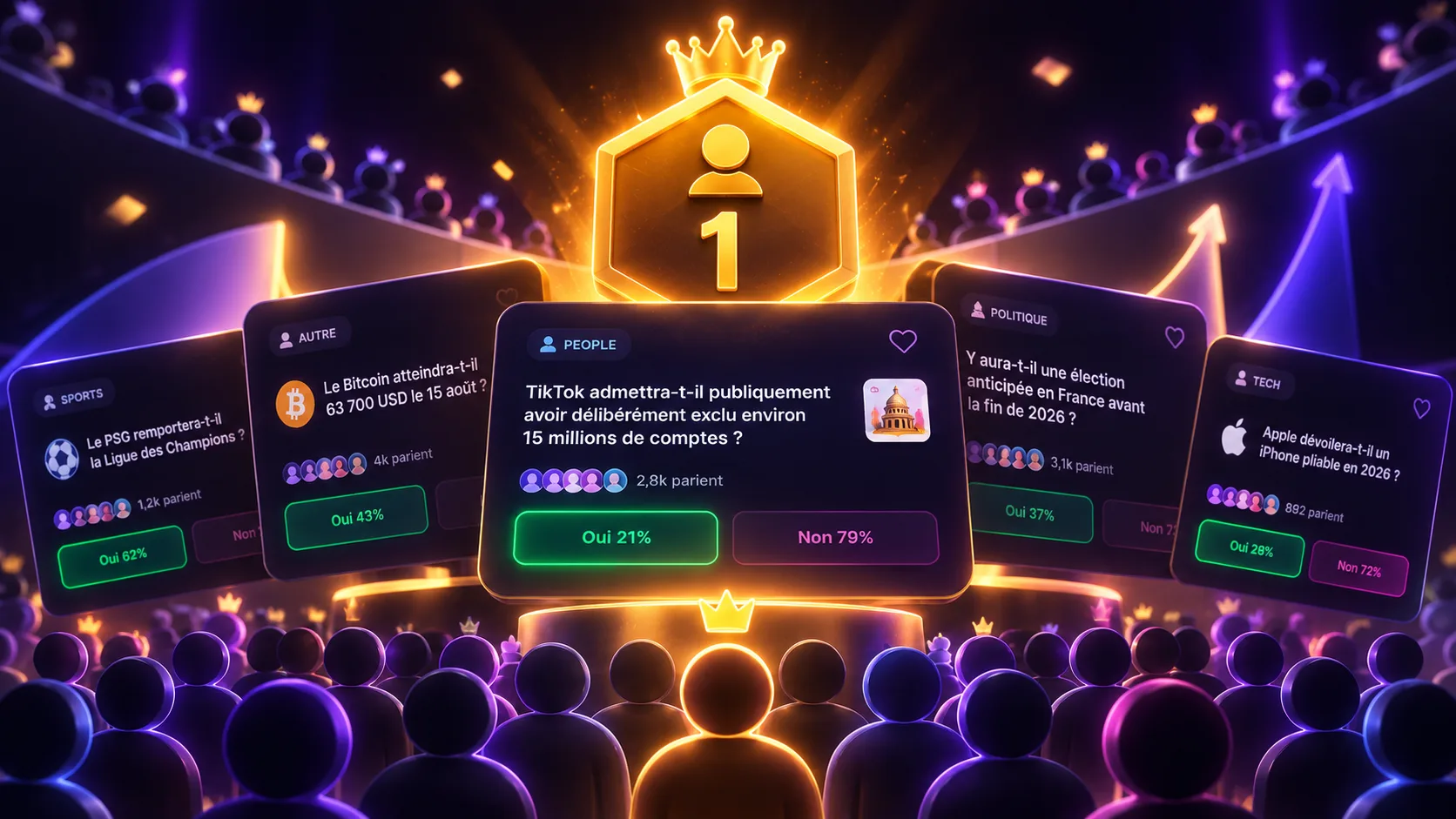 A glowing number-one badge above a fan of prediction-market cards, with a crowd of smaller player markers leaning toward the same pick