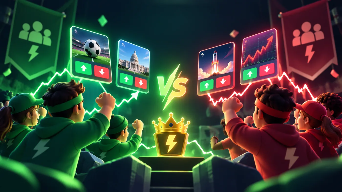 A green squad and a red squad cheer under their banners, glowing market cards with up and down buttons above them, facing off across a VS and a golden crown