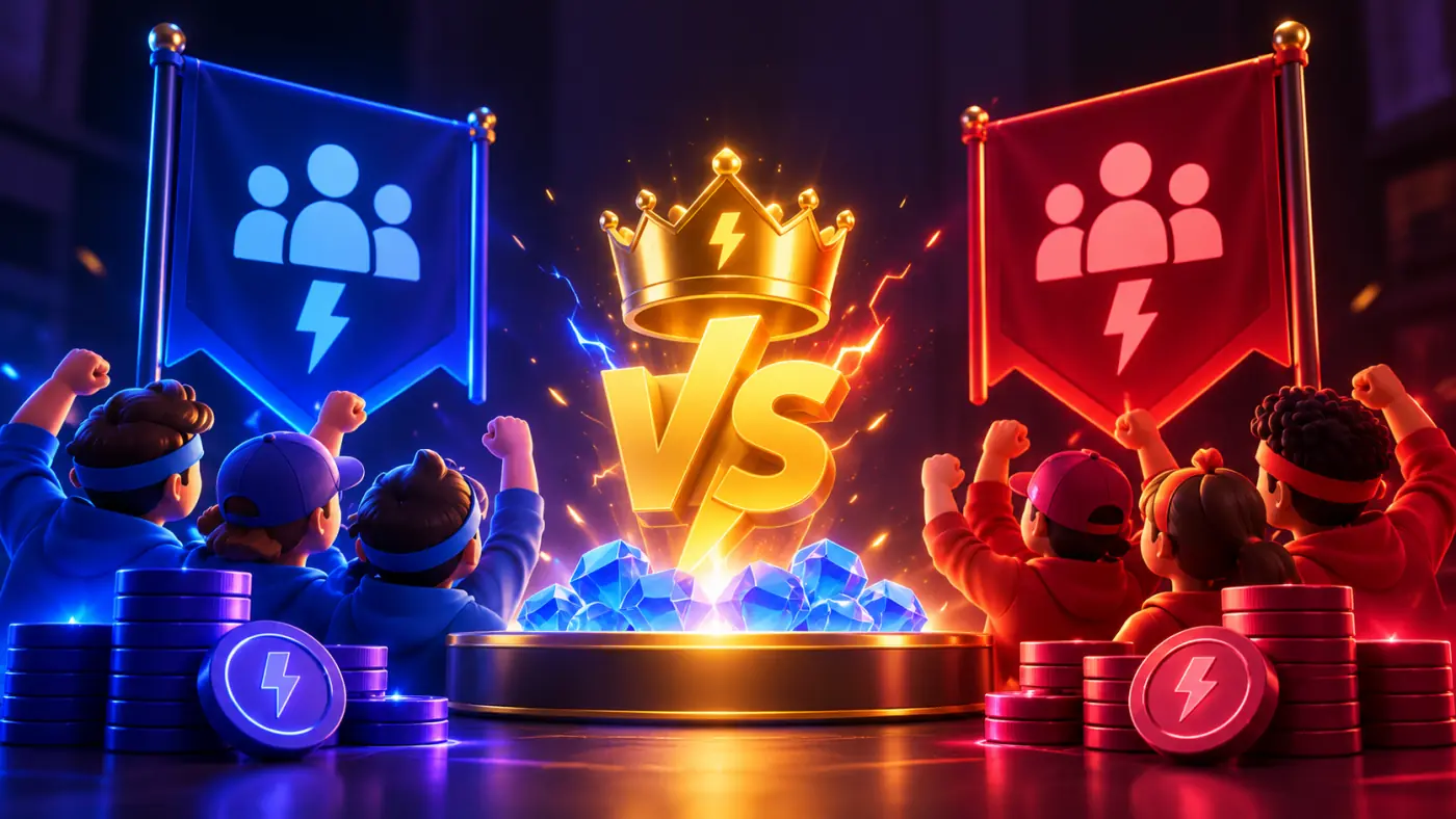 A blue squad and a red squad cheer under their banners, facing off across a golden crown and VS on a podium of Credit diamonds