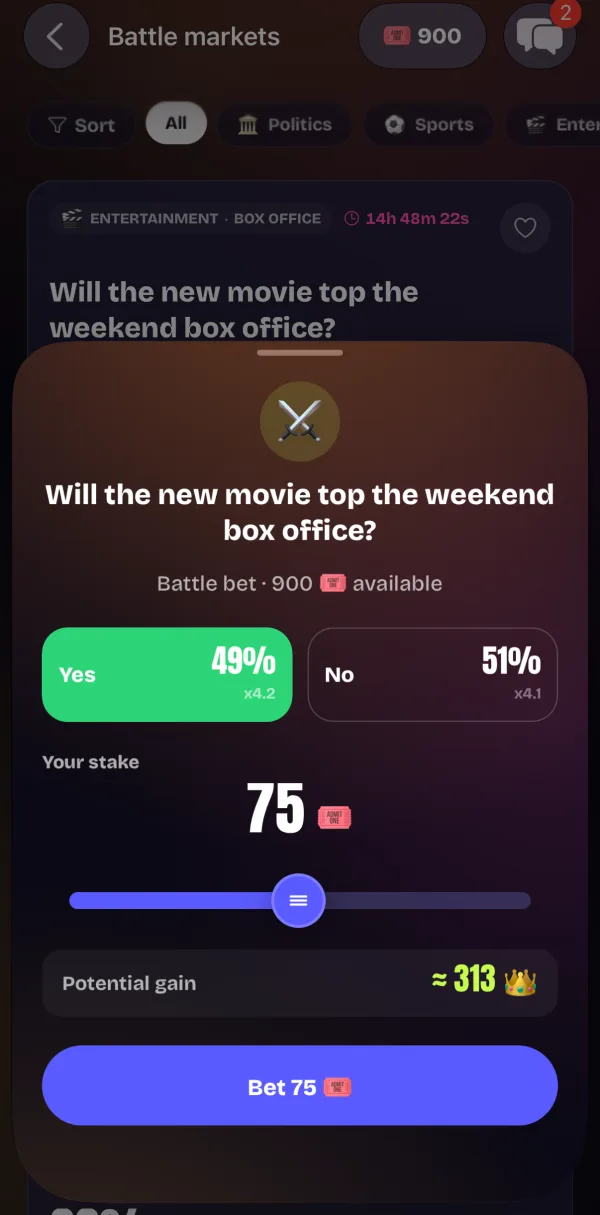 Aposta de batalha: 75 tickets no Sim a 49%, para um ganho potencial de cerca de 313 coroas
