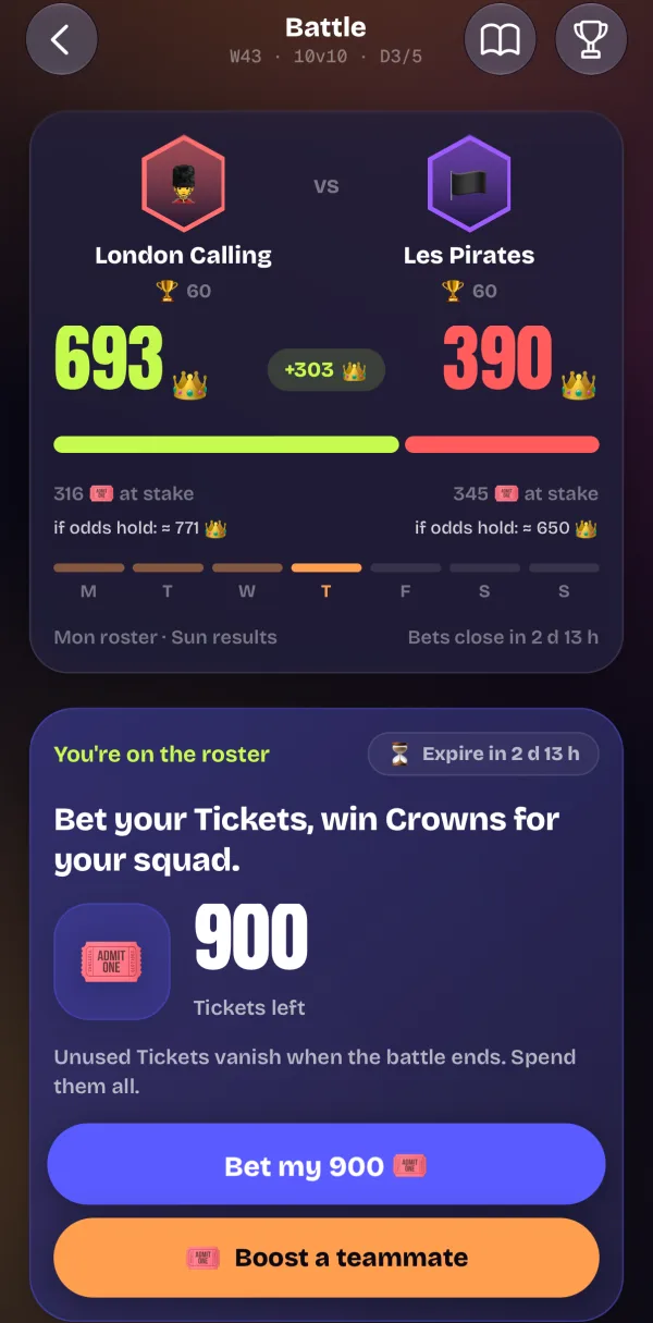 Tela da batalha: London Calling vence Les Pirates por 693 a 390 coroas no 3º dia de batalha, com 900 tickets ainda para apostar